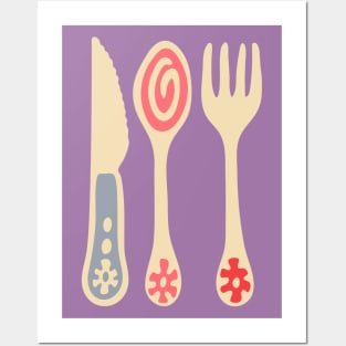 CUTLERY Retro Vintage Kitchen Utensils Knife Spoon Fork in Purple Pink and Red - UnBlink Studio by Jackie Tahara Posters and Art